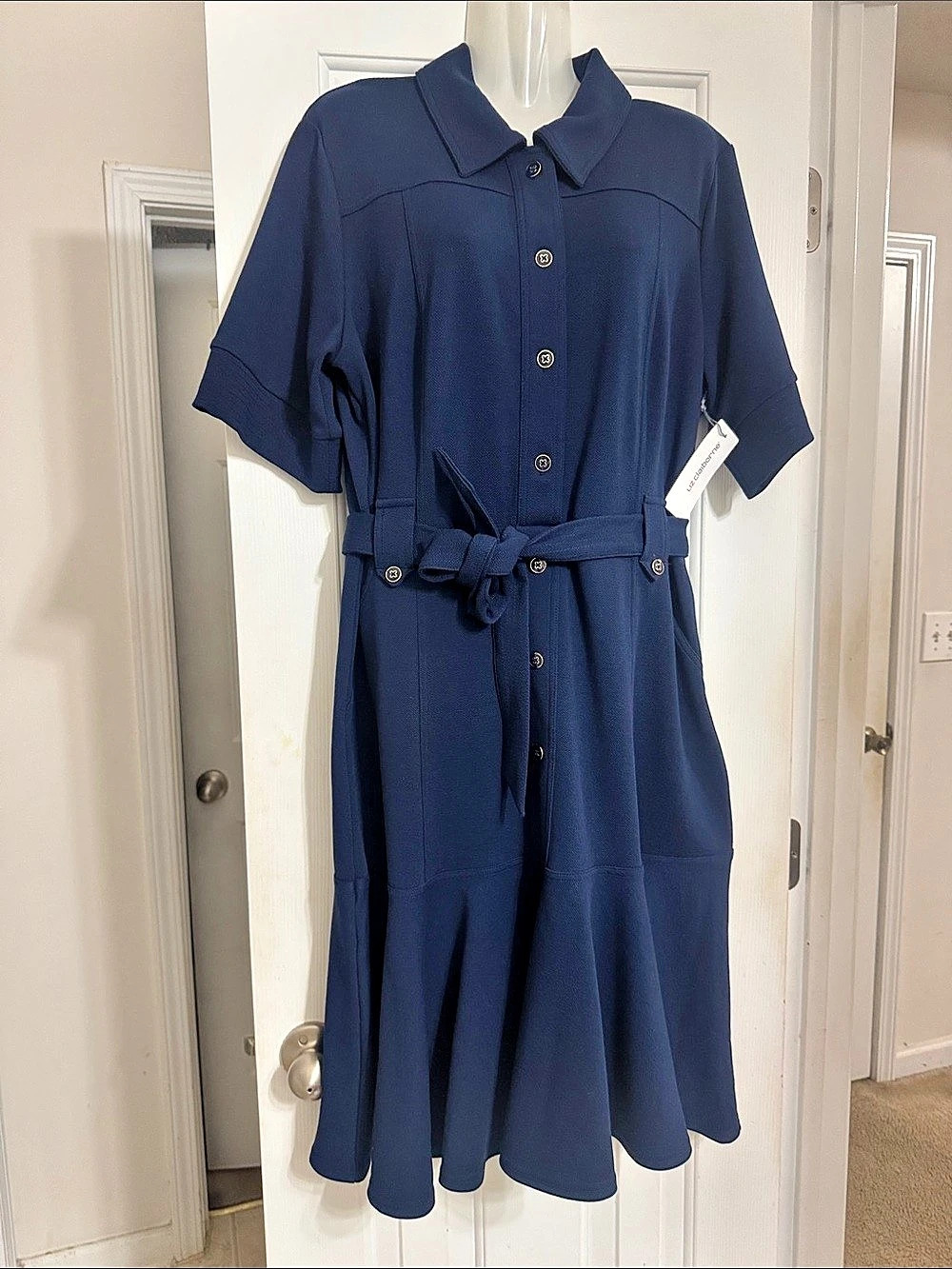Liz Claiborne Short Sleeve Midi Shirt Dress in Blue Size L